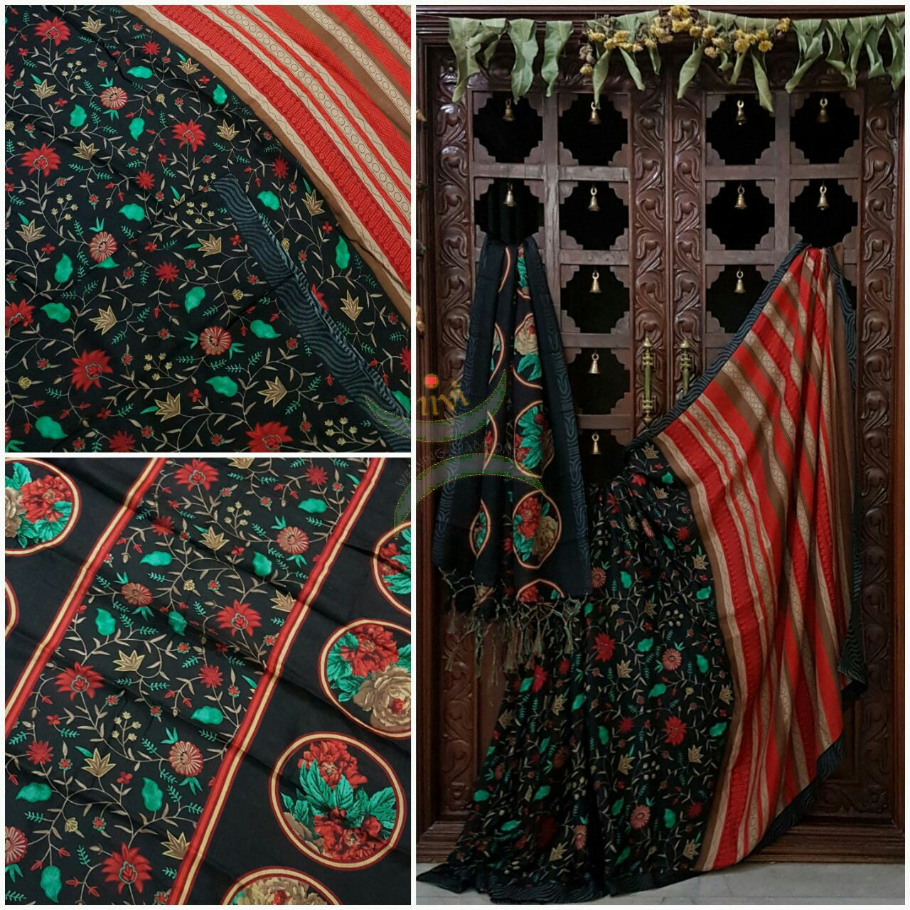 Black Semi Pashmina Printed Saree with floral print.Saree comes with Stole and contrasting printed blouse.