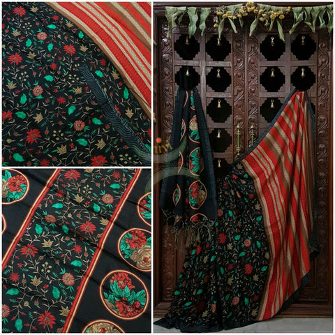 Black Semi Pashmina Printed Saree with floral print.Saree comes with Stole and contrasting printed blouse.