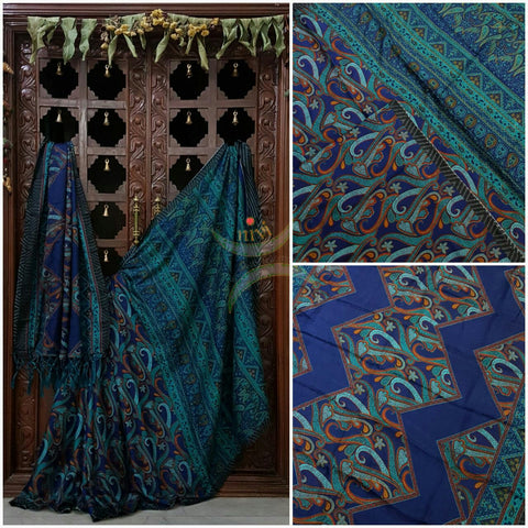 Royal blue Semi Pashmina Printed Saree with paisley and floral print.Saree comes with Stole and contrasting printed blouse.