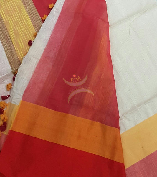 Off white handloom cotton with contrasting yellow red border and Geecha pallu