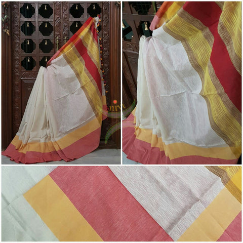 Off white handloom cotton with contrasting yellow red border and Geecha pallu