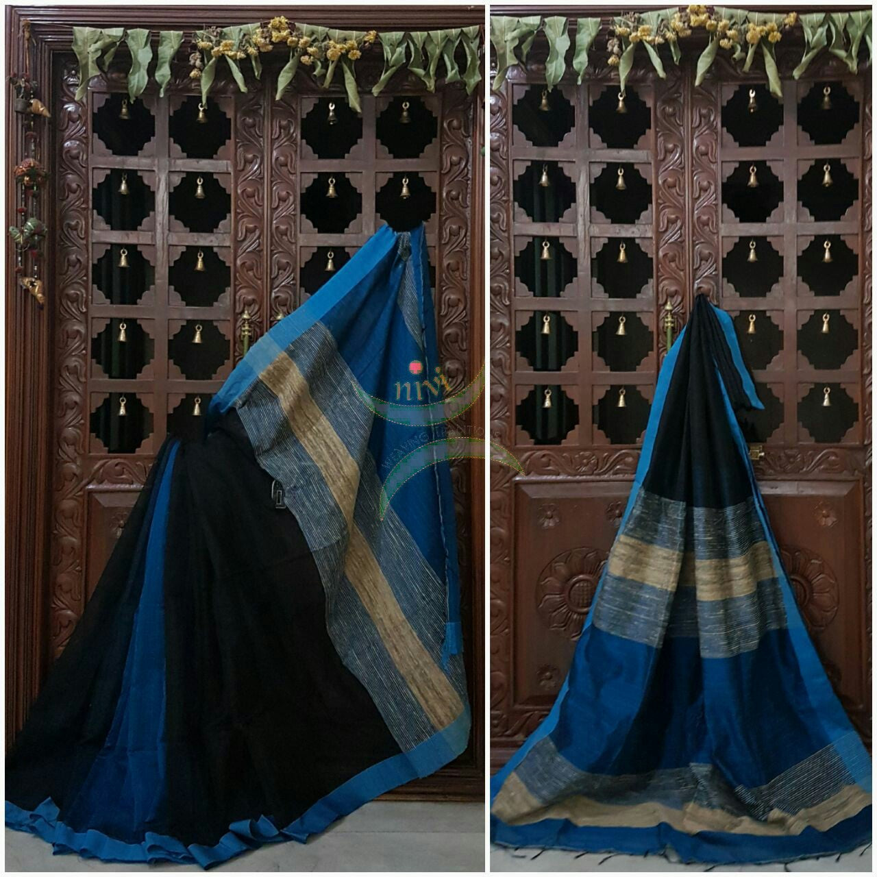 Black with blue Patli pallu Bengal Handloom cotton saree with Geecha pallu. Saree comes with woven contrasting blue blouse . 