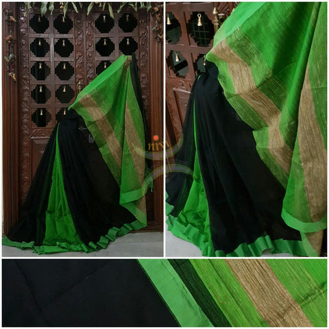 Black with green Patli pallu Bengal Handloom cotton saree with Geecha pallu. Saree comes with woven contrasting green blouse . 