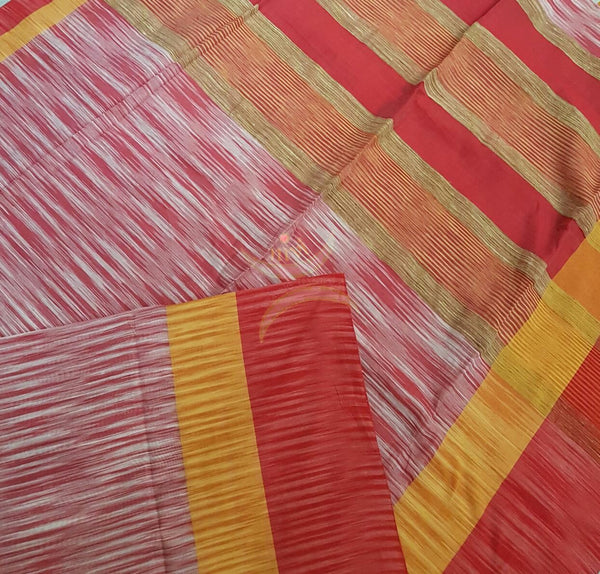 Pink Handloom soft Cotton Ikat with contrasting red yellow pallu and  border.