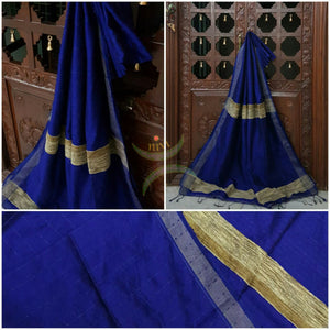 Royal blue Bengal Handloom cotton with self woven vertical lines all over the saree with Geecha pallu. Saree comes with woven striped blouse . 