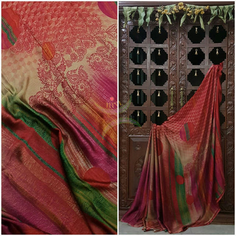 Maroon Printed Satin Crepe with abstract print.