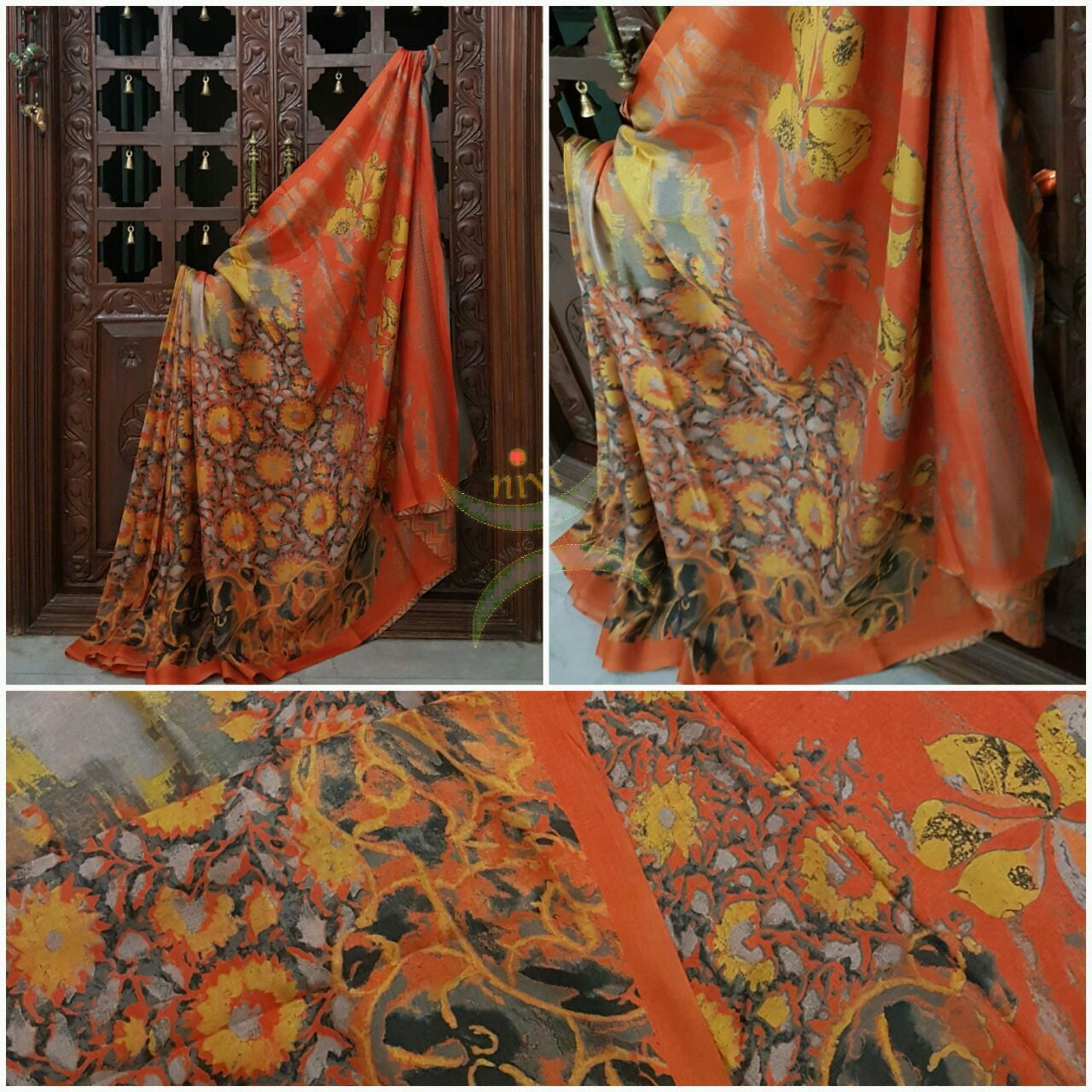 Orange  Printed Crepe with floral print.