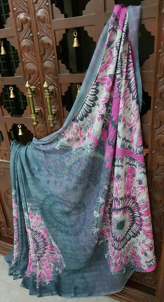 Grey with pink Printed Chiffon with floral print.