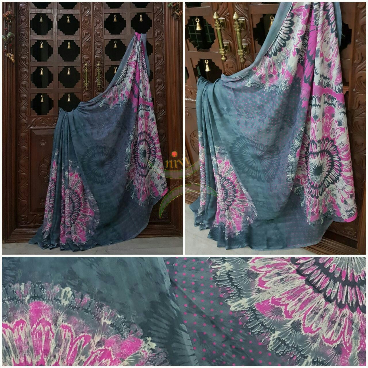 Grey with pink Printed Chiffon with floral print.