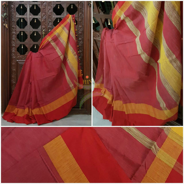 Red handloom cotton with contrasting red orange border and Geecha pallu