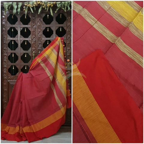 Red handloom cotton with contrasting red orange border and Geecha pallu