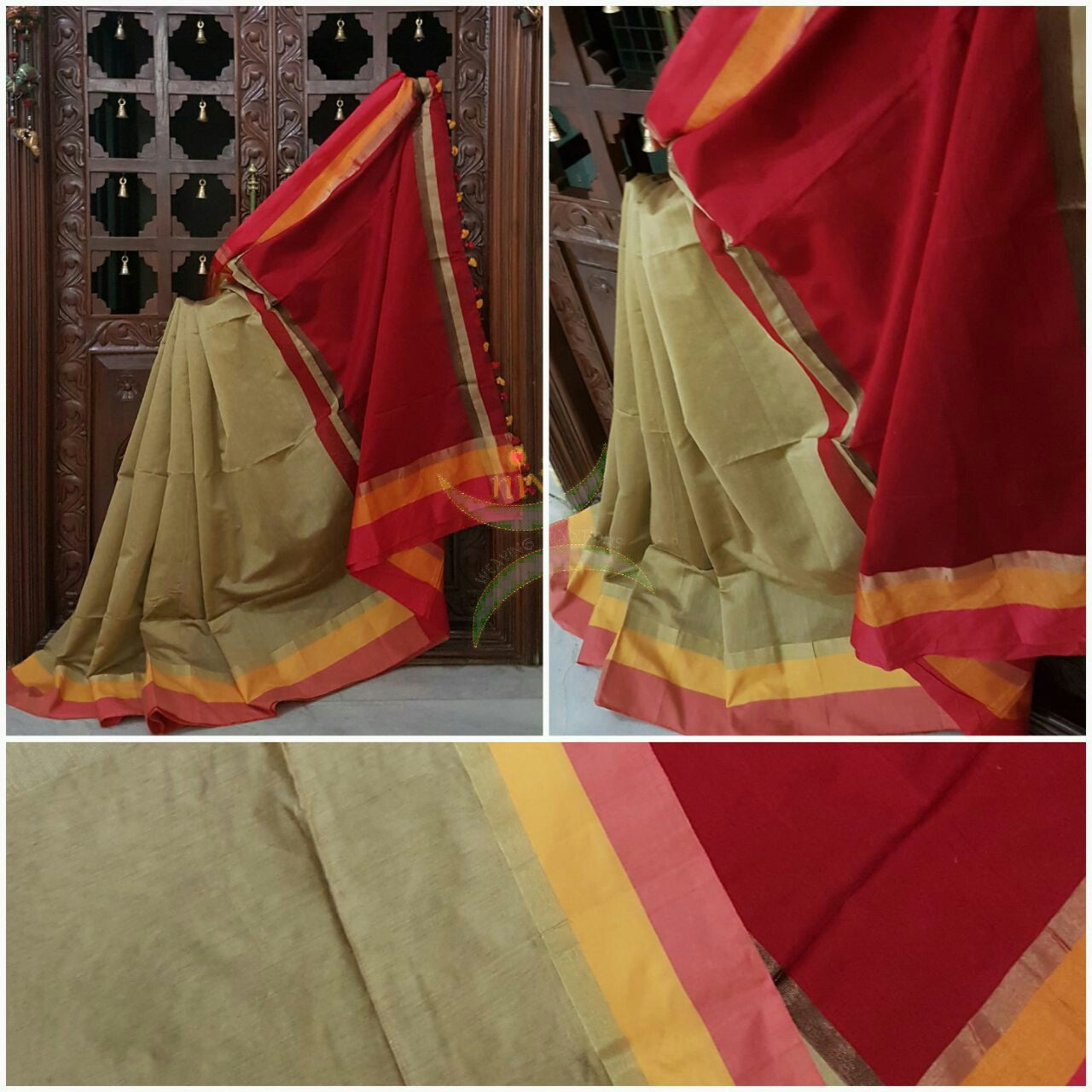 Cream Handloom merserised soft cotton saree with contrast orange peach border. saree comes with maroon pallu and maroon blouse.
