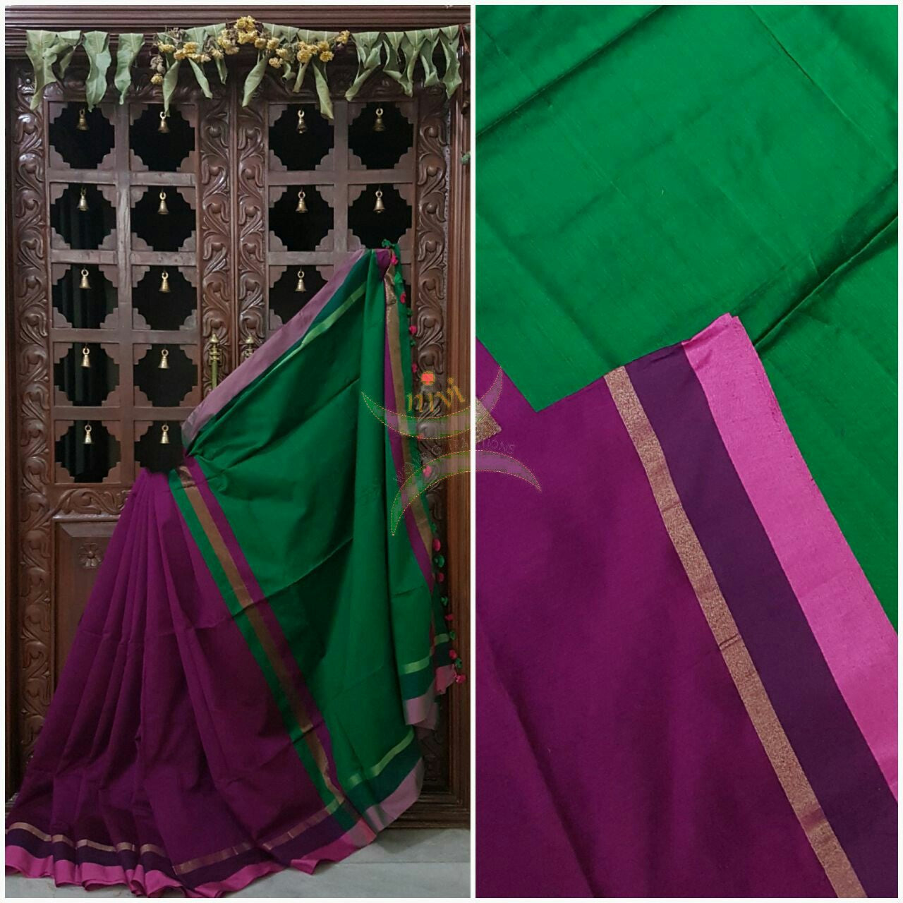 Purple Handloom merserised soft cotton saree with contrast pink border. saree comes with green pallu and green blouse.