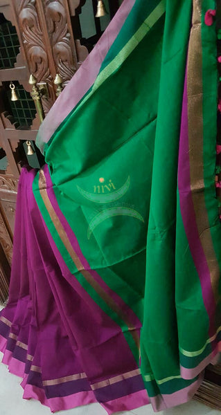 Purple Handloom merserised soft cotton saree with contrast pink border. saree comes with green pallu and green blouse.