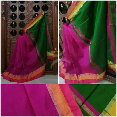 Magenta Handloom merserised soft cotton saree with contrast pink orange border. saree comes with green pallu and green blouse.