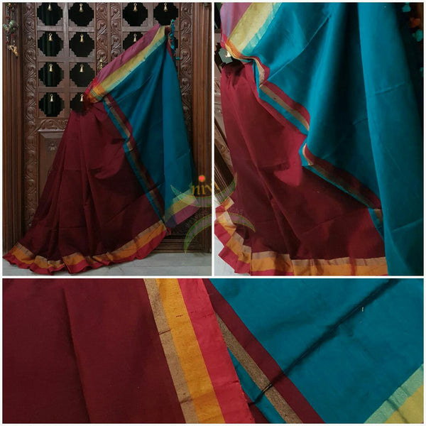 Dark Maroon Handloom merserised soft cotton saree with contrast red orange border. saree comes with teal pallu and teal blouse.