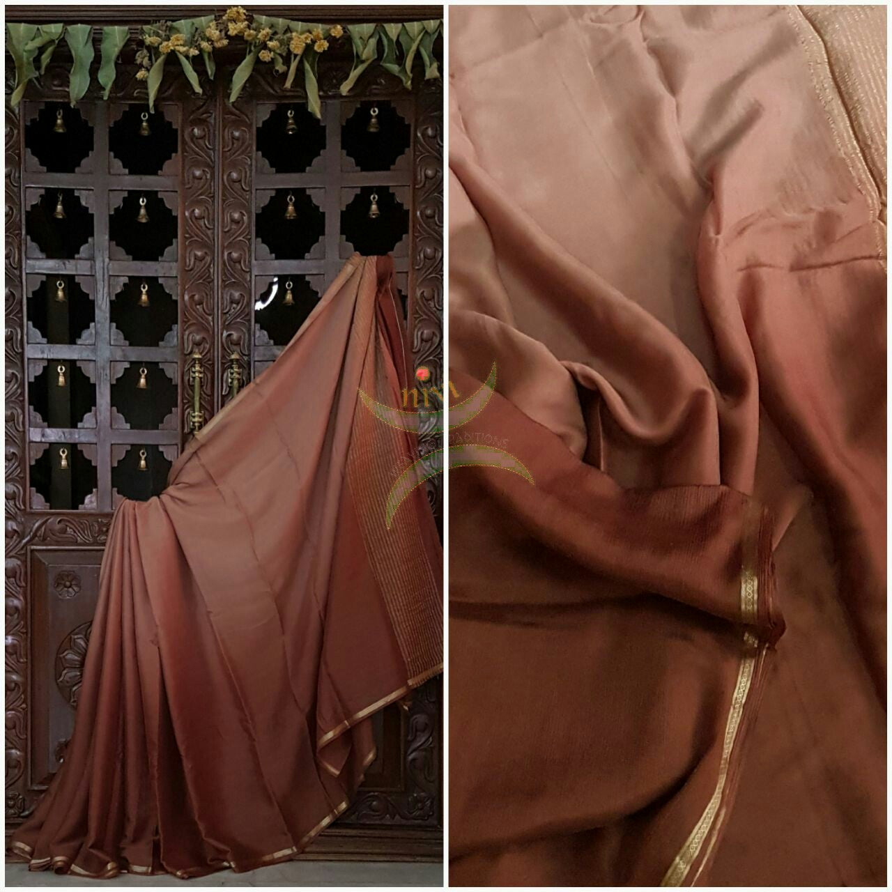 Brown 40 gms Two Tone pure Silk Crepe with a fine zari border. Saree comes with pure brown crepe blouse in darker tone.