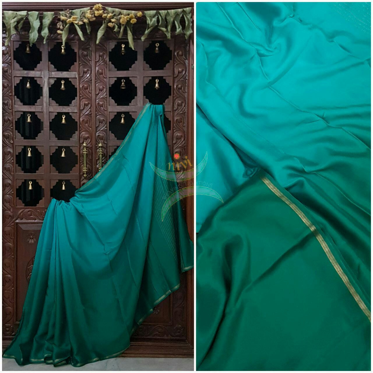 40 gms Two Tone pure Silk Crepe in shades of blue green with a fine zari border. Saree comes with pure Green crepe blouse.