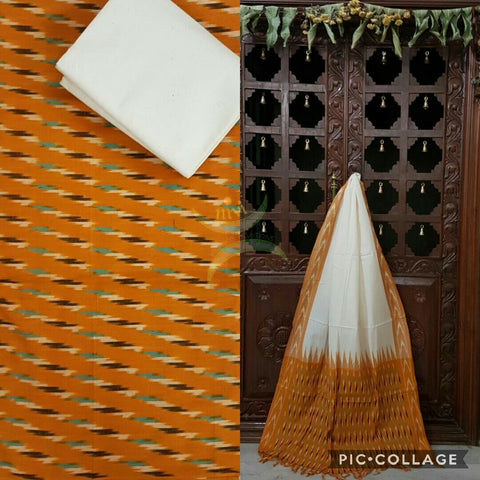 Mustard and white pochampalli ikat Handloom Cotton dress material