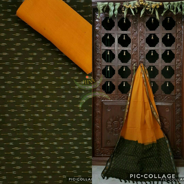 Mehendi green and Mustard pochampalli ikat Handloom Cotton dress material