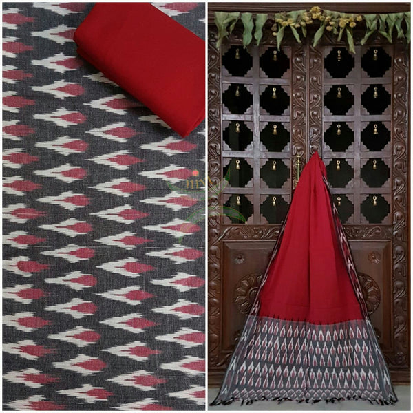 Grey and Red pochampalli ikat Handloom Cotton dress material