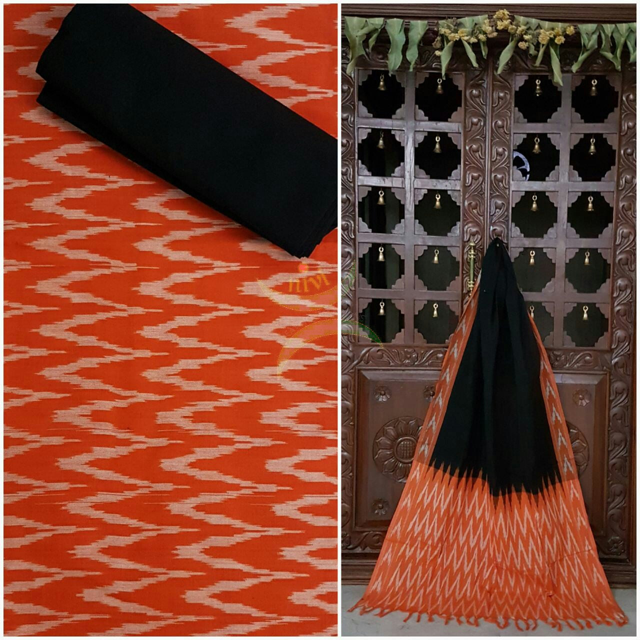 Orange and Black pochampalli ikat Handloom Cotton dress material