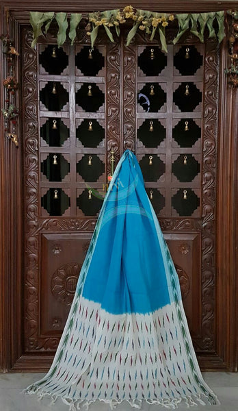 Off white and Blue pochampalli ikat Handloom Cotton dress material