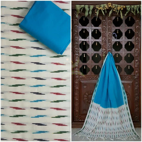 Off white and Blue pochampalli ikat Handloom Cotton dress material