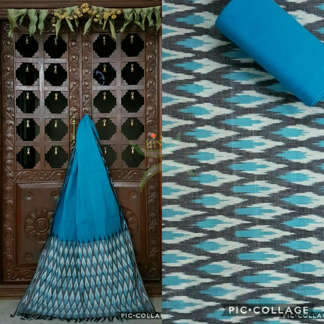 Grey and blue pochampalli ikat Handloom Cotton dress material