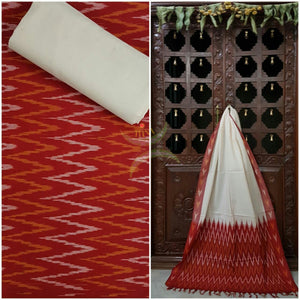 Red and white pochampalli ikat Handloom Cotton dress material
