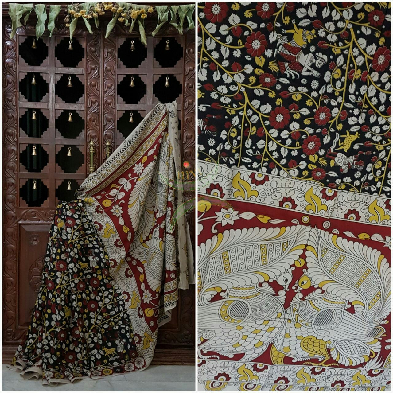 Black and off white chennur silk kalamkari with intricate peacock motif on pallu and floral motif all over the saree.