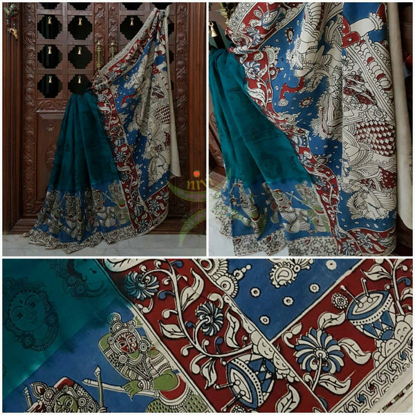 Green chennur silk kalamkari with intricate bridal procession motif and kathakali face motifs on the body of the saree.