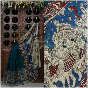 Green chennur silk kalamkari with intricate bridal procession motif and kathakali face motifs on the body of the saree.