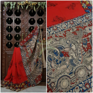 Red chennur silk kalamkari with intricate Radha Krishna motif on pallu floral motif on border and a lady figure all over the saree.