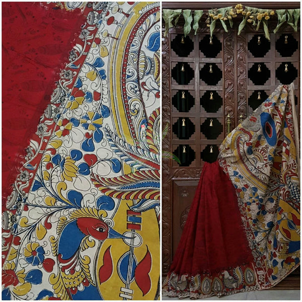 Maroon and off white chennur silk kalamkari with intricate peacock motif on pallu  border and musical instruments all over the saree.