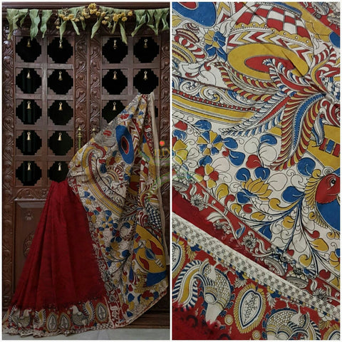 Maroon and off white chennur silk kalamkari with intricate peacock motif on pallu  border and musical instruments all over the saree.