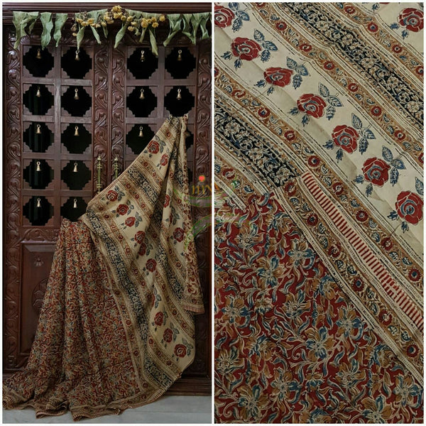 Maroon Chennur silk kalamkari with intricate  floral motif on pallu ,border and all over the saree with constrating beige pallu and border.