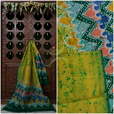 Green Handloom Chanderi Batik duppata with abstract motifs and fine zari border.