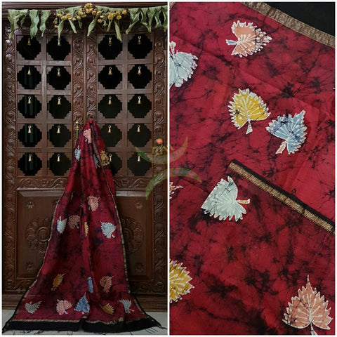Maroon and Black Handloom Chanderi Batik duppata with abstract motifs and fine zari border.