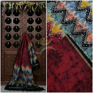 Maroon and Black Handloom Chanderi Batik duppata with abstract motifs and fine zari border.