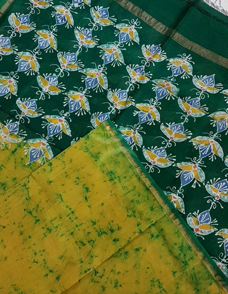Green Handloom Chanderi Batik duppata with abstract motifs and fine zari border.