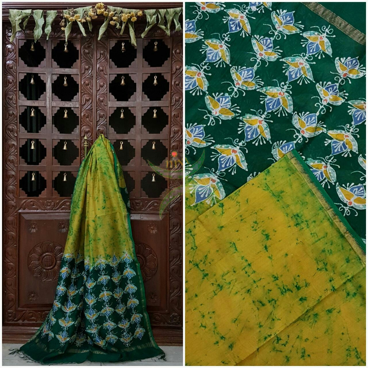 Green Handloom Chanderi Batik duppata with abstract motifs and fine zari border.