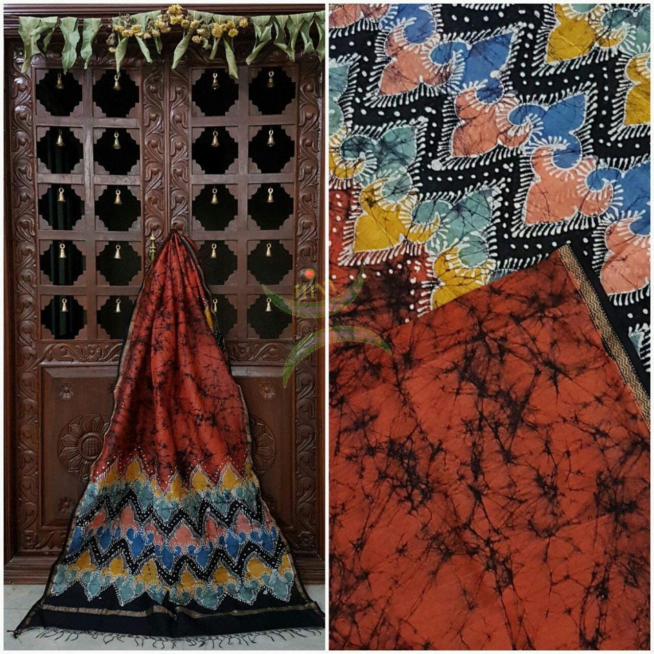 Rust orange and black Handloom Chanderi Batik duppata with abstract motifs and fine zari border.