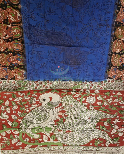 Royal blue mul cotton kalamkari with intricate peacock motif on pallu and body and dancing figure motifs on the border of the saree.