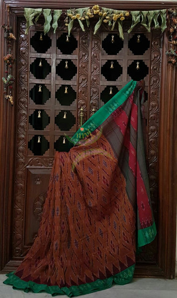 Rust orange Pochampalli-ikat Handloom Soft Cotton Saree with green contrasting border and grey red pallu.