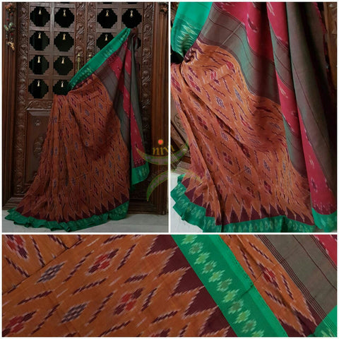 Rust orange Pochampalli-ikat Handloom Soft Cotton Saree with green contrasting border and grey red pallu.