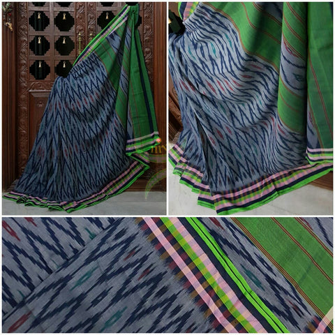 Grey Pochampalli-ikat Handloom Soft Cotton Saree with green contrasting border and pallu.