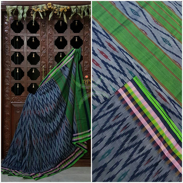 Grey Pochampalli-ikat Handloom Soft Cotton Saree with green contrasting border and pallu.