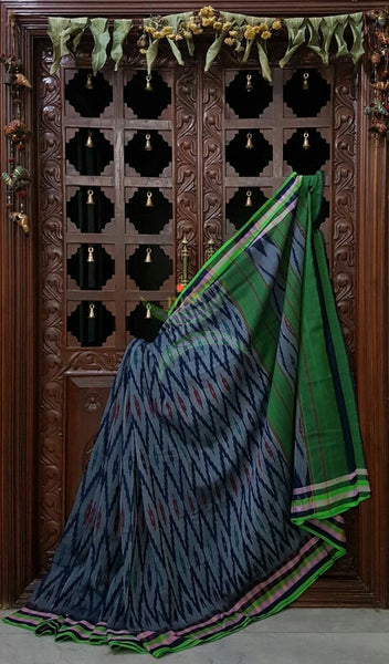 Grey Pochampalli-ikat Handloom Soft Cotton Saree with green contrasting border and pallu.