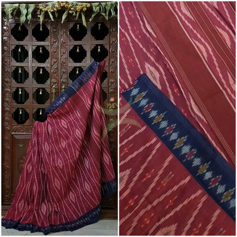 Maroon  Pochampalli-ikat Handloom Soft Cotton Saree with navy blue contrasting border and maroon pallu.